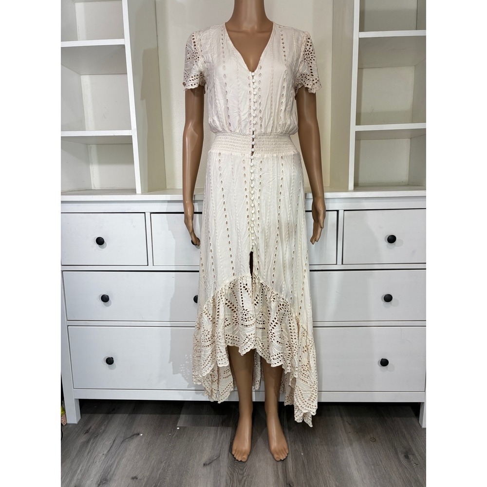 YFB Young Fabulous &‎ Broke Cream Eyelet Lace High Low Maxi Dress Smocked Waist